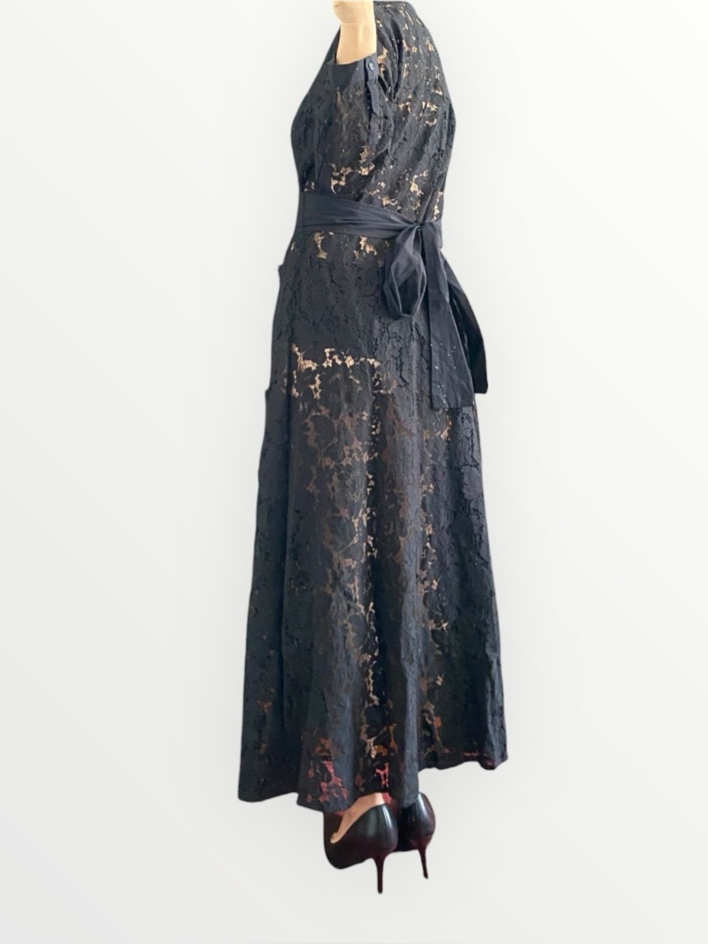 Zara Black Lace Collared Waist Tie Long Dress Size L - Picture 3 of 13